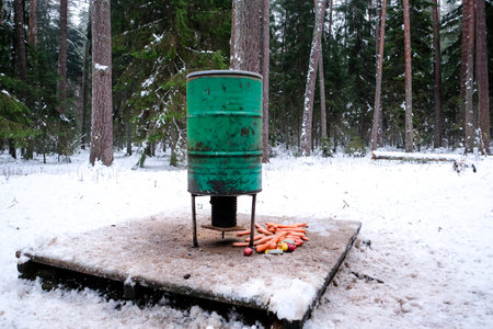 Manger for winter feeding of wild animals in forest. Forest animal feeder in winter. Defocusedの写真素材
