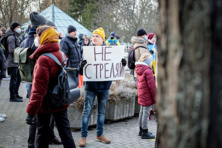Riga, Latvia - February 24, 2022: Protest against the Russian invasion in Ukraine at the Russian...