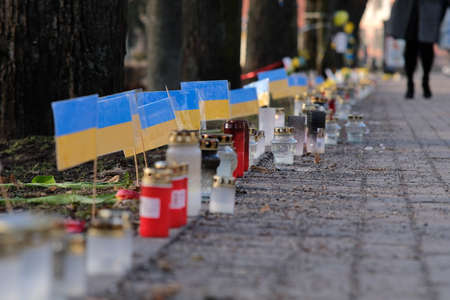 Riga, Latvia - March 2, 2022: Protest against the Russian invasion in Ukraine at the Russian Embassy in Riga, Latvia. Defocusedのeditorial素材