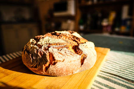 Very fresh loaf of round sourdough bread with a golden crust. Defocusedの写真素材