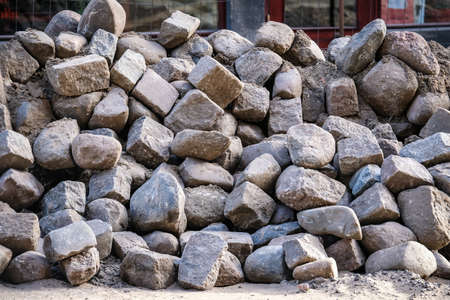 Road works. Stack with cobblestone, paving. Selective focusの写真素材