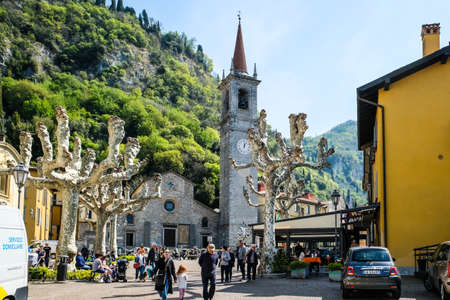 Varenna, Italy - April 15, 2022: Como Lake and town of Varenna waterfront, Lombardy region of Italyのeditorial素材