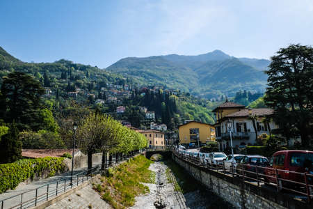 Varenna, Italy - April 15, 2022: Como Lake and town of Varenna waterfront, Lombardy region of Italyのeditorial素材