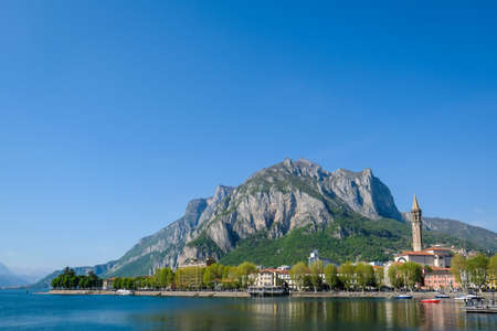Lecco, Italy - April 15, 2022: Como Lake and town of Lecco waterfront, Lombardy region of Italyのeditorial素材