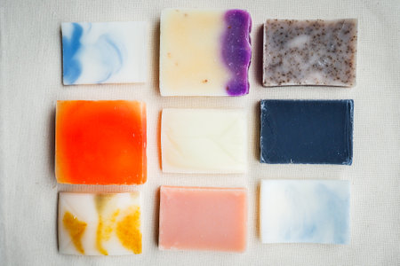 Colorful handmade solid soap bars, zero waste. Defocusedの写真素材