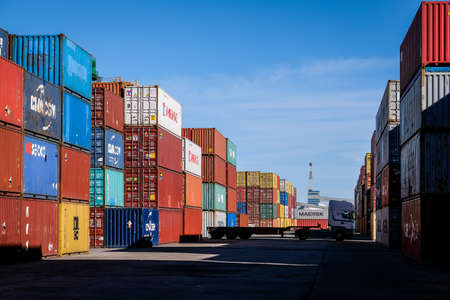 Riga, Latvia - April 20, 2022: Baltic Container Terminal in Freeport of Riga. Riga harbour, Latvia....