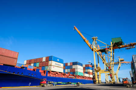 Riga, Latvia - April 20, 2022: Baltic Container Terminal in Freeport of Riga. Riga harbour, Latvia....