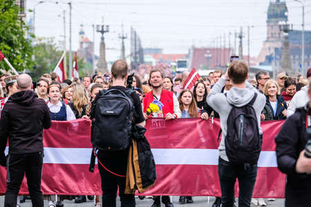 Riga, Latvia - May 20, 2022: Latvian protests agains Soviet legacy and Victory Memorial monument to Soviet Army in Riga which is to be demolished. Selective focus.のeditorial素材