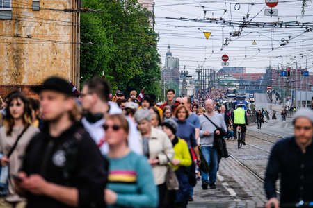 Riga, Latvia - May 20, 2022: Latvian protests agains Soviet legacy and Victory Memorial monument to Soviet Army in Riga which is to be demolished. Selective focus.のeditorial素材
