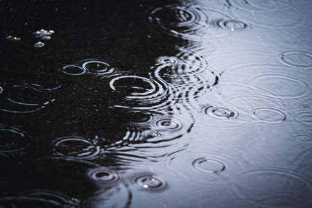 Rainy day, rain. Raindrops in puddle in the city on the asphalt. Defocusedの写真素材
