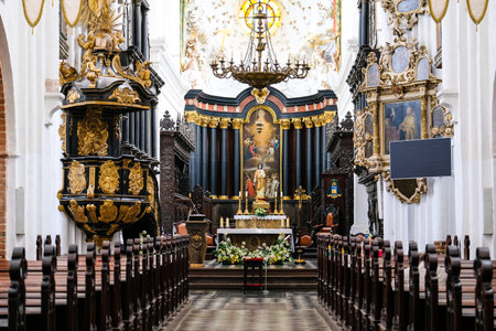 Gdansk, Poland - June 16, 2022: Interior of the Oliwa Cathedral, located in Oliwa park of Gdansk. Selective focusのeditorial素材