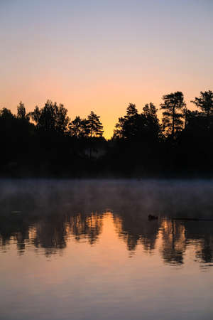 Very beautiful sunrise in summer over a foggy lake. Early morning in summer in nature. Defocusedの写真素材