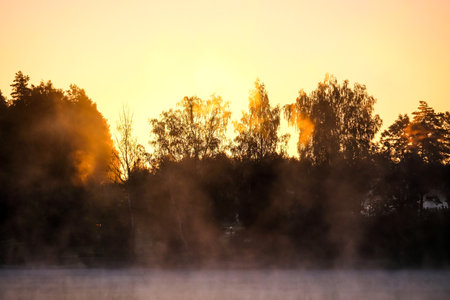 Very beautiful sunrise in summer over a foggy lake. Early morning in summer in nature. Defocusedの写真素材