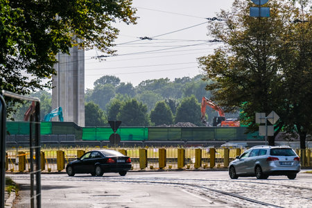 Riga, Latvia - August 24, 2022: View of the Victory Memorial monument to Soviet Army in Riga which is demolished. Selective focus.のeditorial素材