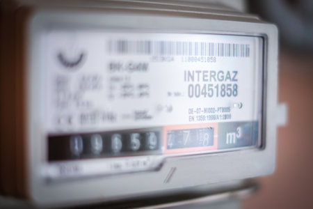 Riga, Latvia - August 30, 2022: Analog screen of household natural gas meter. Selective focusのeditorial素材