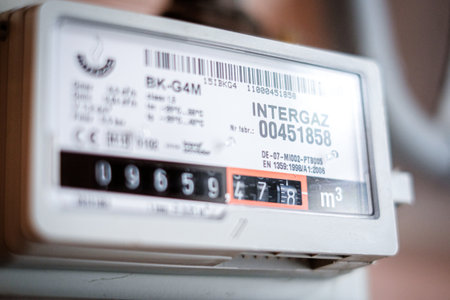 Riga, Latvia - August 30, 2022: Analog screen of household natural gas meter. Selective focusのeditorial素材
