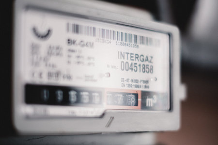 Riga, Latvia - August 30, 2022: Analog screen of household natural gas meter. Selective focusのeditorial素材