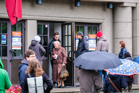 Riga, Latvia - October 1, 2022: Queues at the polling stations in Riga, the capital of Latvia, where the parliamentary elections are heldのeditorial素材