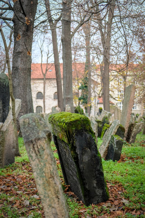 Old Jewish Cemetery Prague in Czech Republic in late autumn. Defocused
