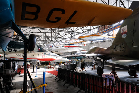 Prague, Czech Republic - October 19: Exposition of military equipment and aircraft in Air Museum Kbely. Prague, Czech Republic. Defocusedのeditorial素材