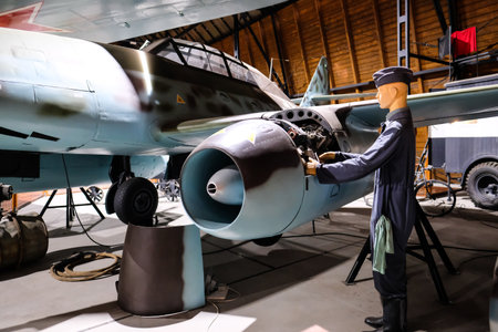 Prague, Czech Republic - October 19: Exposition of military equipment and aircraft in Air Museum Kbely. Prague, Czech Republic. Defocusedのeditorial素材