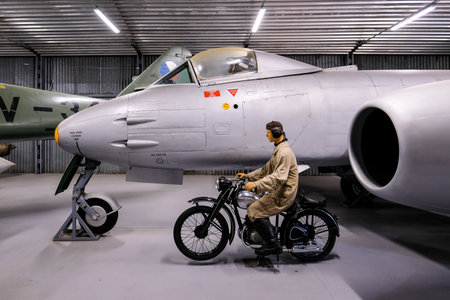 Prague, Czech Republic - October 19: Exposition of military equipment and aircraft in Air Museum Kbely. Prague, Czech Republic. Defocusedのeditorial素材