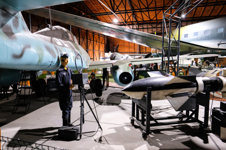 Prague, Czech Republic - October 19: Exposition of military equipment and aircraft in Air Museum Kbely. Prague, Czech Republic. Defocusedのeditorial素材