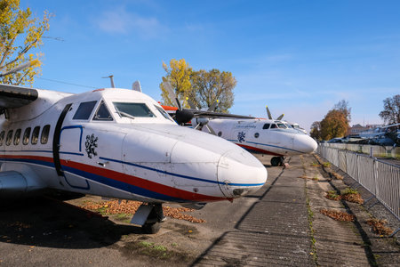 Prague, Czech Republic - October 19: Exposition of military equipment and aircraft in Air Museum Kbely. Prague, Czech Republic. Defocusedのeditorial素材