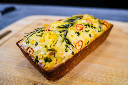 Freshly baked cornbread with red chili peppers. Defocusedの写真素材