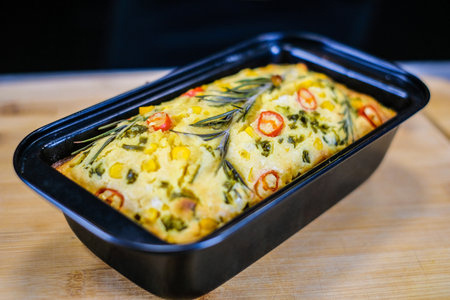 Freshly baked cornbread with red chili peppers. Defocusedの写真素材