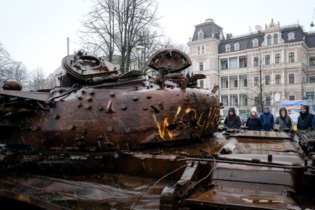 Riga, Latvia - February 25, 2023: Russian T-72B tank, which was destroyed by the Ukrainian army in...