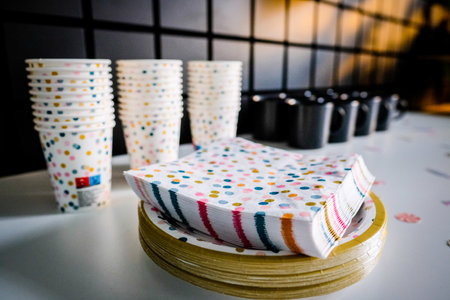 Decorations for a childs birthday party. Birthday in the playroom. Disposable childrens party dishes. Selective focus.の写真素材