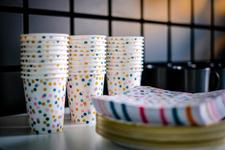 Decorations for a childs birthday party. Birthday in the playroom. Disposable childrens party dishes. Selective focus.の写真素材
