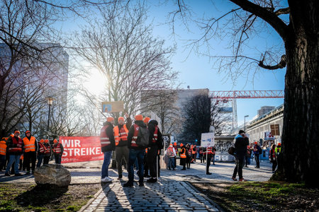 Berlin, Germany - March 27, 2023: A protest action by railway workers is taking place at the Berlin East railway station. On March 27 in Germany is large-scale warning strike in the transport sector.のeditorial素材