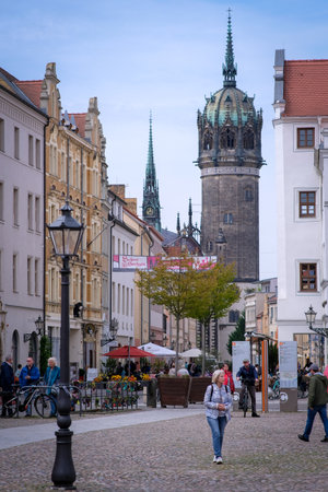 Wittenberg, Germany - May 5, 2023: Famous old town with historic buildings in Lutherstadt Wittenberg, Germanyのeditorial素材