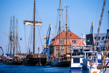 Wismar, Germany - May 8, 2023: Scenic summer outdoor view of the Old Port pier town architecture with ships and boats in Wismar, Germanyのeditorial素材