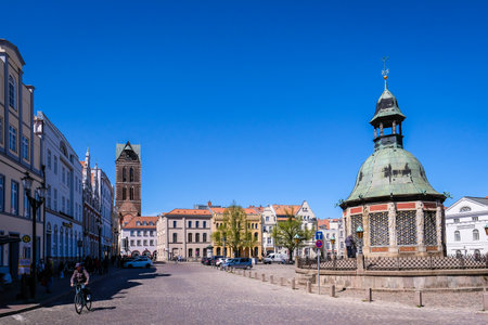 Wismar, Germany - May 8, 2023: Scenic summer outdoor view of town architecture n Wismar, Germanyのeditorial素材