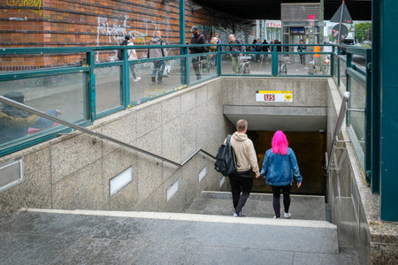 Berlin, Germany - May 15, 2023: Entrance to the U5 Berlin subway station on Frankfurter Strasse, Frankfurter Allee, Berlinのeditorial素材
