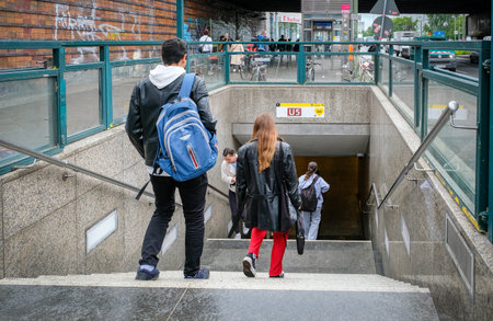 Berlin, Germany - May 15, 2023: Entrance to the U5 Berlin subway station on Frankfurter Strasse, Frankfurter Allee, Berlinのeditorial素材