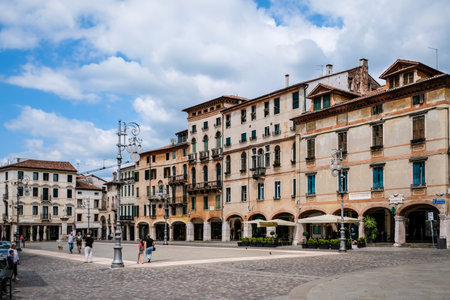 Bassano del Grappa, Italy - June 12, 2023: Exterior of historic buildings of Bassano del Grappa, Vicenza province, Veneto, Italyのeditorial素材