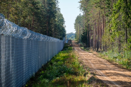 Silene, Latvia - September 26, 2023: Latvia - Belarus border, where where a fence with barbed wire has been erected against the refugees from Belarus.のeditorial素材
