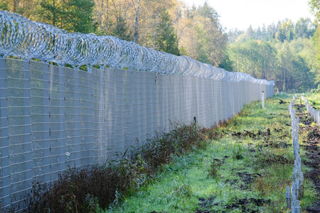 Silene, Latvia - September 26, 2023: Latvia - Belarus border, where where a fence with barbed wire has been erected against the refugees from Belarus.のeditorial素材