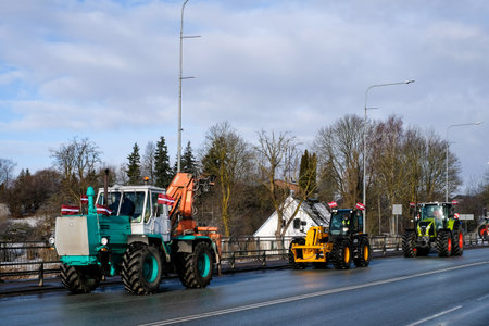 Bauska, Latvia - February 5, 2024: Farmers protests in the Latvian city of Bauska. Farmers block...