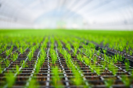 A huge, new industrial modern greenhouse where various plants, green and tree seedlings are grownの写真素材