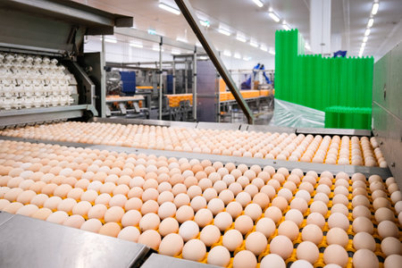 Egg production factory, industrial chicken farm. Egg storage.