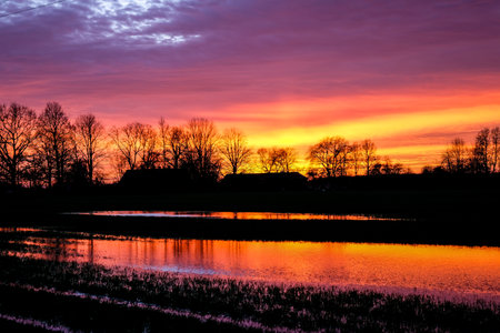 Very beautiful colorful sunset in the spring countrysideの写真素材