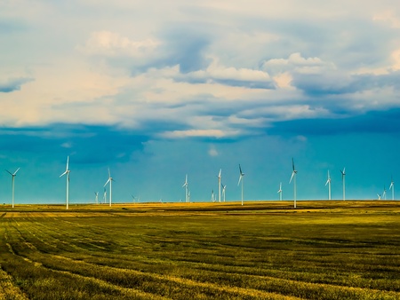 Wind Turbines On A Field With Blue Sky As Backgroundの写真素材