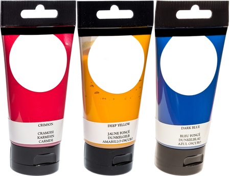 Acrylic Paint Tubes Containing The Three Primary Colors, Isolated On Whiteの写真素材