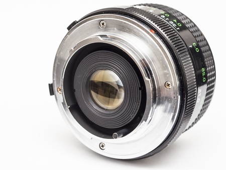 Old Prime Lens With Classic M42 Mount On A White Background  The M42 lens mount is a screw thread mounting standard for attaching lenses to 35 mm cameras, primarily single-lens reflex models の写真素材