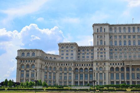 Parliament Palace In Bucharest, Romania  Details On A Blue Skyのeditorial素材